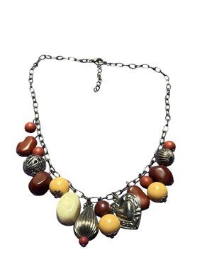 Vtg Beaded Charm Necklace With Heart Pendant Multicolor Silver-Tone Chain 90s